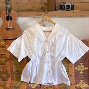 White Button Up Blouse Puff Sleeve Cotton Top